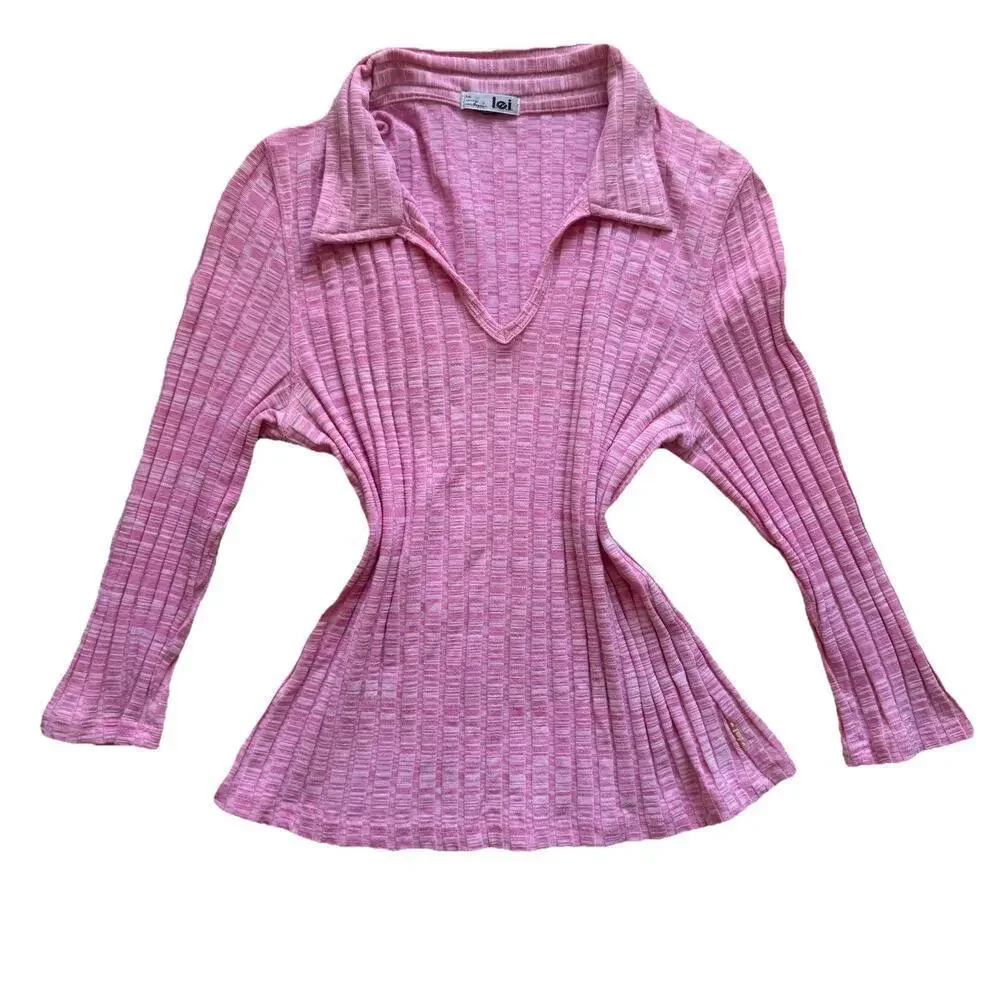 Vtg Y2K LEI Collared Shirt Pink Ribbed Coquette M Bella Swan Preppy Indie Sleaze